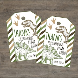 Personalized Dinosaur Party Favor Tags. Thanks For Stomping By My Party for Dinosaur Birthday. Printable Favor Tags. Green Brown Dinosaur
