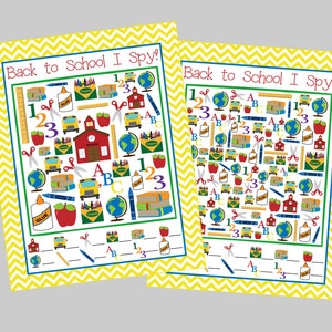 Back to School I Spy Printable Games. 5 Different Sheets Easier to Harder. Instant Digital Download. Back to School Game Activity Party Game