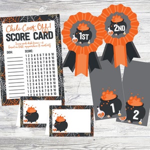 May include: A printable Halloween chili cook-off scorecard with a black and orange spiderweb design. The scorecard has a list of dishes and a scoring system from 1 to 10. There are also printable award ribbons with a black cauldron and orange bubbling potion design. The ribbons say "1st" and "2nd".