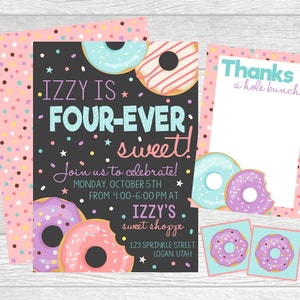 Donut Invitation Set For Four-Ever Sweet, Two Sweet, Sweet One Birthday Party. Donut Party. Personalized/Printable/Digital Invitation.