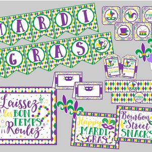 May include: A set of printable Mardi Gras party decorations featuring a banner that says "Mardi Gras", a sign that says "Laissez les bon temps roulez", and other signs with Mardi Gras themed text and images.