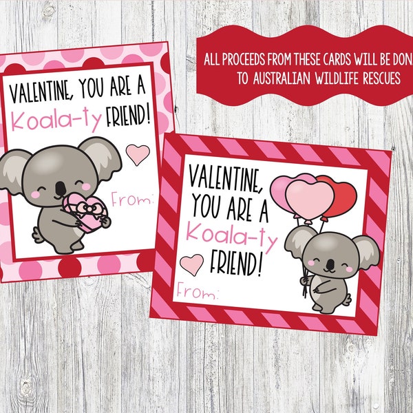 Koala Valentine Cards. Valentine, You Are A Koala-ty Friend. Printable Koala Valentine Cards.  Instant Digital Download. Australia Valentine