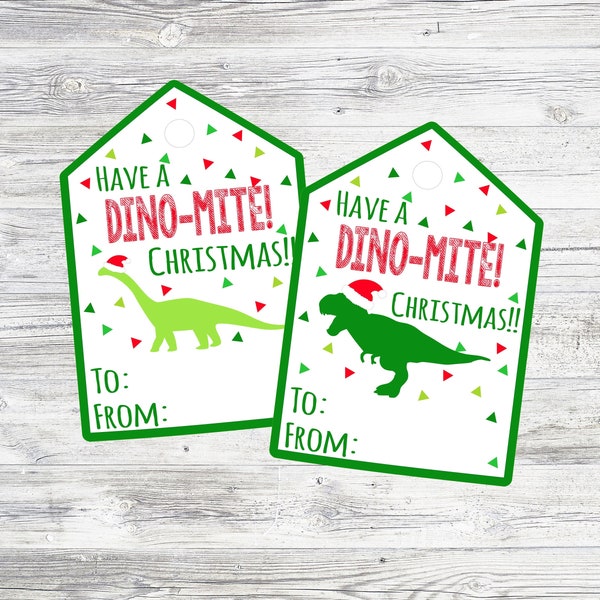 Dino-Mite Weihnachtsgeschenkanhänger. Druckbare Dinosaurier Weihnachtsgeschenkanhänger. Sofortiger digitaler Download. 2 Tag-Designs. T-Rex Geschenkanhänger