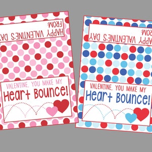 PRINTABLE Valentine, You Make My Heart Bounce Bag Toppers for Bouncy Ball Valentine. Instant Digital Download. Blue & Pink Options image 2