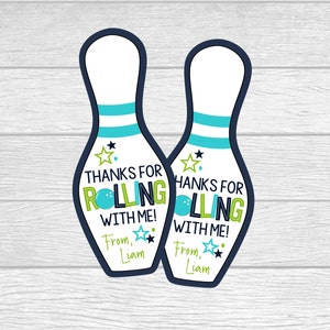 Personalisierte druckbare Bowling Pin Party Favor Tags. Danke, dass Sie mit mir Bowling Party Favor Tags rollen.