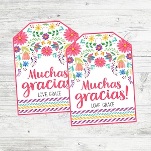 Personalized Muchas Gracias Favor Tags for Fiesta Birthday Party, Baby Shower, Bridal Shower. Instant Digital download. Floral Fiesta Favors