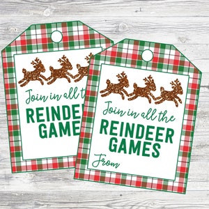 Tag di Natale stampabili con giochi di renne. Partecipa a tutti i tag di giochi di renne. Plaid rosso e verde. Download digitale immediato.