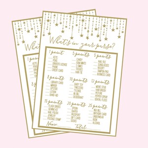 Gold Twinkle What&#39;s In Your Purse Baby Shower Game. Baby Shower Game for Gold Star, Little Star, Twinkle Shower. Instant Digital Download