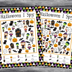 May include: Two Halloween-themed "I Spy" game sheets. Each sheet features a border of orange, purple, and black triangles. The game includes illustrations of pumpkins, ghosts, bats, and other Halloween characters. The title "Halloween I Spy" is at the top.