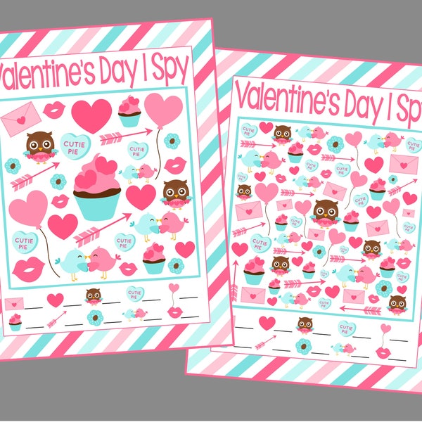 Valentine's Day I Spy Printable Games. 5 Different Sheets Easier to Harder. Instant Digital Download. Valentine I Spy.