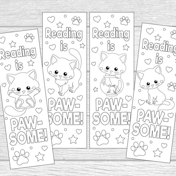 Printable Color Your Own Kitty Bookmarks. Reading Is Paw-some! Instant Digital Download. 4 Coloring Bookmarks.