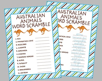 Australian Animals Word Scramble. Australia Party Games, Australia Lesson Plan Game. Printable Instant Digital Download