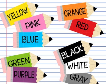 May include: A set of nine colorful pencils with the names of the colors written on them: yellow, pink, blue, green, purple, orange, red, black, white, and gray.