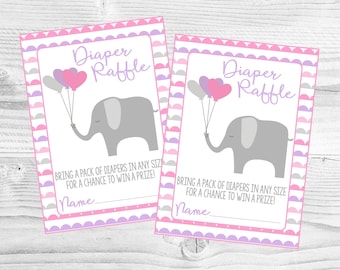 Diaper Raffle Cards for Elephant Baby Shower. Instant Digital Download. Diaper Raffle Cards & Sign For Baby Girl Elephant Shower.