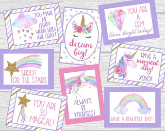 Unicorn Lunch Box Notes. Printable School Lunch Nox Notes. Instant Digital Download. Unicorn, Rainbow, Shooting Stars, Gems Note, Cards, tag