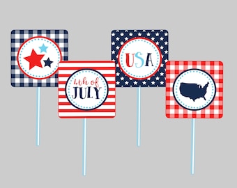 4 juli-muffinsdekorationer. Utskrivbara muffinsdekorationer för fjärde juli, patriotisk, röd vit & blå, fest, grillfest. Omedelbar digital nedladdning.
