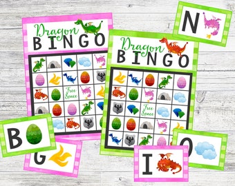 Afdrukbare Dragon Bingo-gameset! Bingoset met 12 kaarten. Instant digitale downloadbestanden. Perfect voor draken-, middeleeuws- en ridderfeesten.