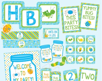 May include: A set of printable party decorations featuring a bug theme. The decorations include welcome signs, banners, food labels, and number cards. The colors are blue, green, yellow, and orange. The decorations feature various bugs, including ladybugs, ants, caterpillars, and grasshoppers.