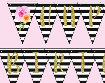 Happy Birthday Banner. Instant Digital Download. Black & White Striped, Pink Orange Flower. Koryn Collection