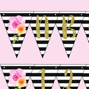 Vollständige Alphabet Banner für Baby-Dusche, Geburtstagsparty, Brautdusche. Koryn Sammlung. Schwarz-weißen Streifen, rosa Orange Blume. Digital