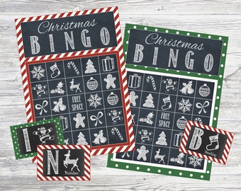 Printable Christmas BINGO Game! 24 game cards plus calling cards. Christmas Chalkboard Bingo. Instant Digital Download