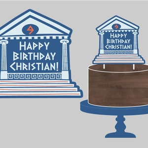 Topper per torta stampabile per la festa del tempio greco. Topper per torta personalizzato per compleanno a tema antica Grecia, greco, tempio. File digitale stampabile.