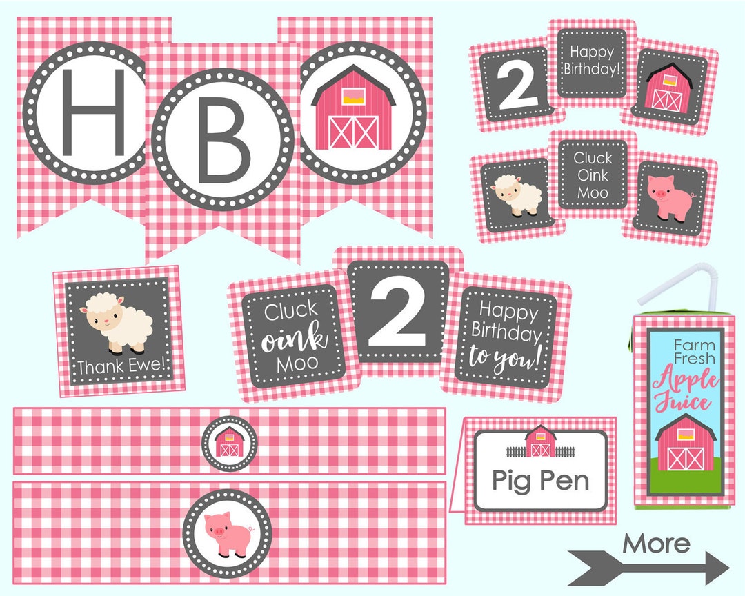 Pink Farm Birthday Party Decoration Package. Instant Digital Download
