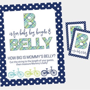 Qual é o tamanho da barriga da mamãe? Jogo de Chá de Bebê para Bicicleta, Azul e Verde, Xadrez, Chá de Bebê de Bolinhas. Download digital instantâneo.