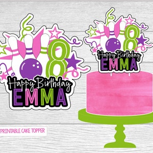 Printable Bowling Birthday Cake Topper. Personalized Birthday Cake Topper. Girl's Bowling Party Cake Topper. Printable Digital File.