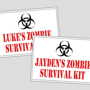 Personalized Zombie Survival Kit Favor Tags. Up to 12 names for Zombie Kit Party Favor. Digital, Printable Zombie Party Favors, labels