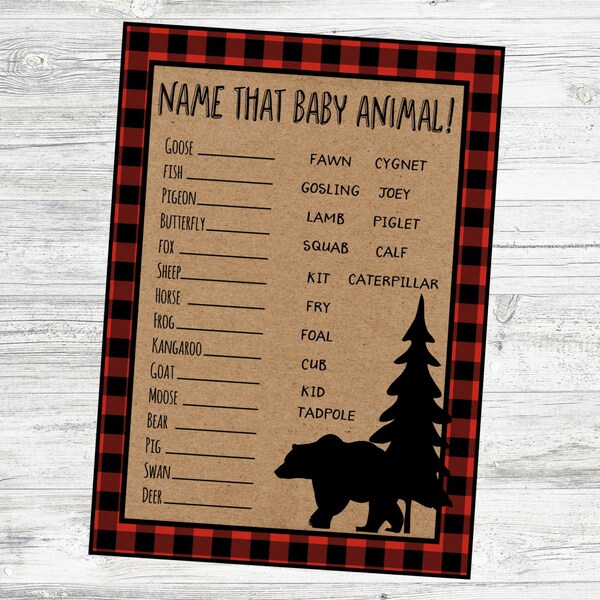 Noem dat babydier Spel voor Houthakkersbabyshower. Direct digitaal downloaden. Voor houthakker, berg, winter, beer babyshower