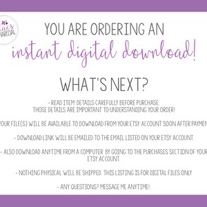 May include: A digital download announcement with a purple border and white background. The text reads "You are ordering an instant digital download!" and "What's next?" with instructions on how to download the file. The Lilacs & Charcoal logo is in the top left corner.