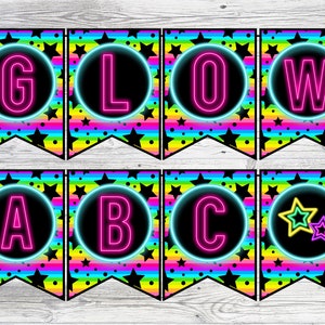 Printable Neon Glow Party Banner. Let&#39;s Glow Crazy Banner with Alphabet & Let&#39;s Glow Crazy. Instant Digital Download