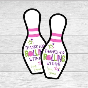 Personalized Printable Bowling Pin Party Favor Tags. Thanks For Rolling With Me Bowling Party Favor Tags.