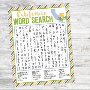 Printable California State History & Symbols Word Search. California Social Studies 4th Grade Word Search.  Instant Digital Download Files.