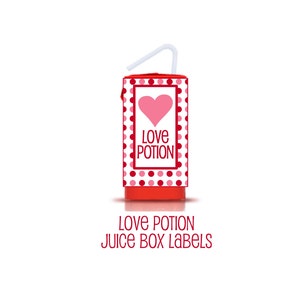 May include: Red juice box with a white polka dot pattern and a pink heart. The box has a white straw and says "Love Potion" in white letters.