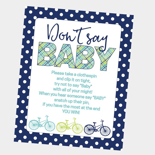 Don't Say Baby Printable Baby Shower Game for Bicycle Baby Shower. Green and Blue Plaid, Polka Dot. Instant Digital Download