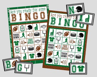 May include: Two green and brown printable bingo cards with football-themed images and text. The text on the cards reads "Are you ready for some BINGO".