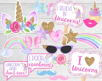Printable Unicorn Party Photo Props. Instant Digital Dowload. Photo Booth Props for Rainbow Unicorn Party. Watercolor Unicorn Photo Props
