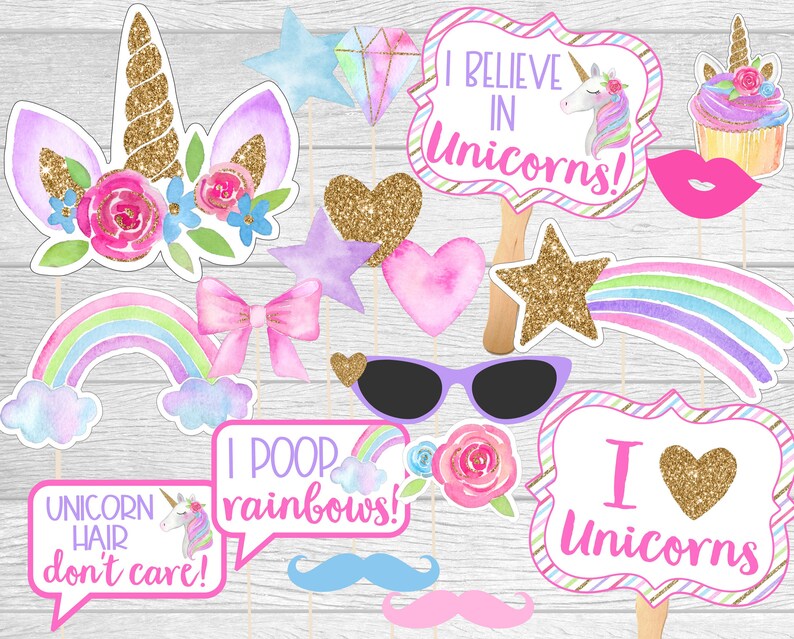 Printable Unicorn Party Photo Props. Instant Digital Dowload. Photo Booth Props for Rainbow Unicorn Party. Watercolor Unicorn Photo Props image 1