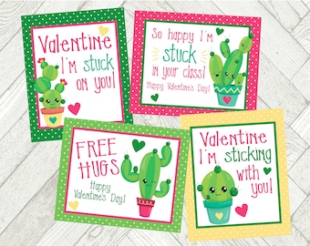 May include: Four printable Valentine's Day cards featuring cute cartoon cacti with different messages. The cards are decorated with pink, green and yellow polka dots.