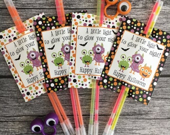 Printable A Little Light To Glow Your Night. Monster Glow Stick cards for Halloween Party Favor, Trick or Treating Instant Digital Download