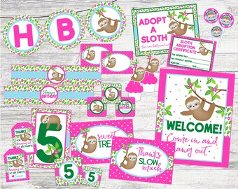 May include: A set of printable party decorations featuring a sloth theme. The decorations include banners, cupcake toppers, welcome signs, and thank you tags. The colors are pink, green, and brown. The text on the decorations includes "Adopt a Sloth", "Happy Birthday", "Sweet Tree", "Welcome! Come in and hang out", and "Thanks Slow Much".