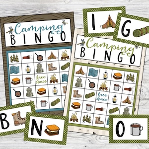 Afdrukbare campingbingogameset! 12 kaartenset met visitekaartjes. Kamperen, wandelen, natuurbingo. Instant digitale downloadbestanden.
