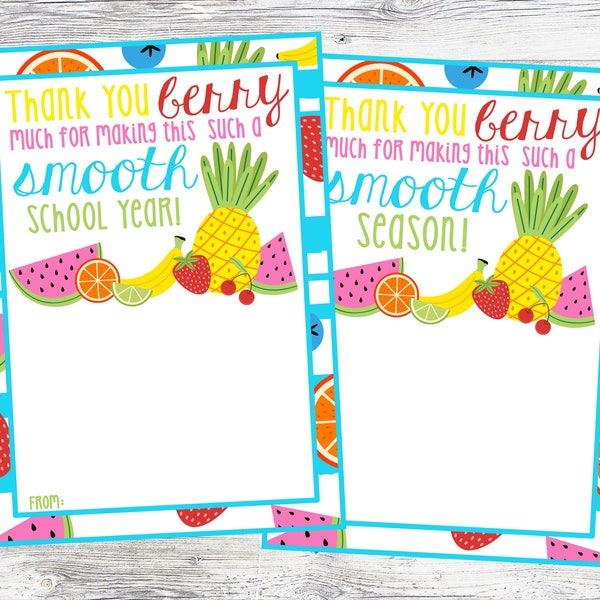 Smoothie Card. Thank You Berry Much For Making This Such A Smooth Year. Smoothie Card for Teachers Appreciation or Coach.  Digital Download