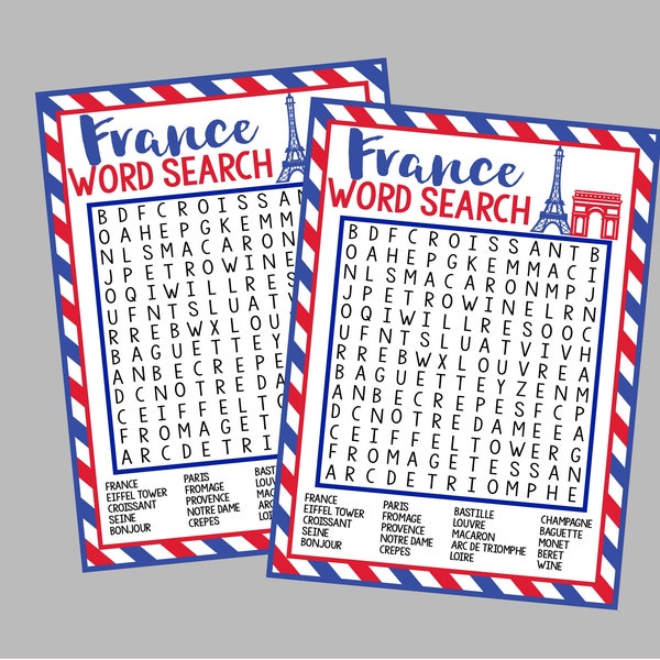 Printable France Word Search. Word Search for French Party, Bastille Day, School, France Lesson Plan or Fun Instant Digital Download Files.