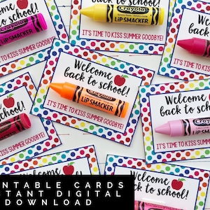 Wydrukowane karty Kiss Summer Goodbye Lip Balm. Karty Welcome Back To School. Natychmiastowe pobranie cyfrowe. TYLKO karty.
