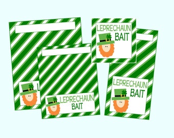 Puede incluir: Cuatro etiquetas imprimibles con fondo a rayas verde y blanco. Cada etiqueta presenta un duende de dibujos animados con un sombrero verde y una barba roja. El texto en las etiquetas dice "Leprechaun Bait".