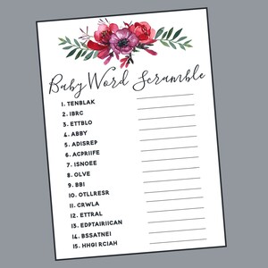Baby Shower Word Scramble Game. Instant Digital Download. Red & Purple Watercolor Flowers Poppies. Kate Poppy Colletion