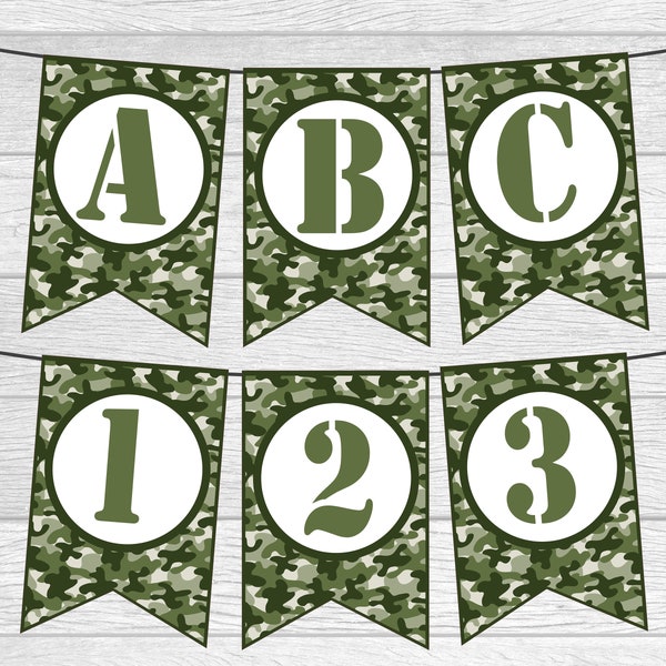 Printable Green Camouflage Party Banner. Printable Banner Package w/ Full Alphabet, Happy Birthday, It's A Boy. Instant Digital Download